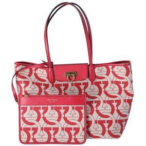 Salvatore Ferragamo Gancini Tote Bag Beige Red Canvas Leather